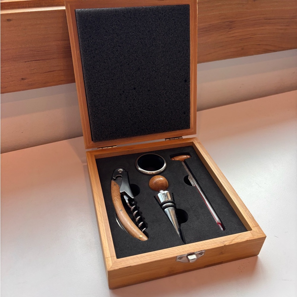 Wooden Wine Tool Set Box with Metal Clasp.